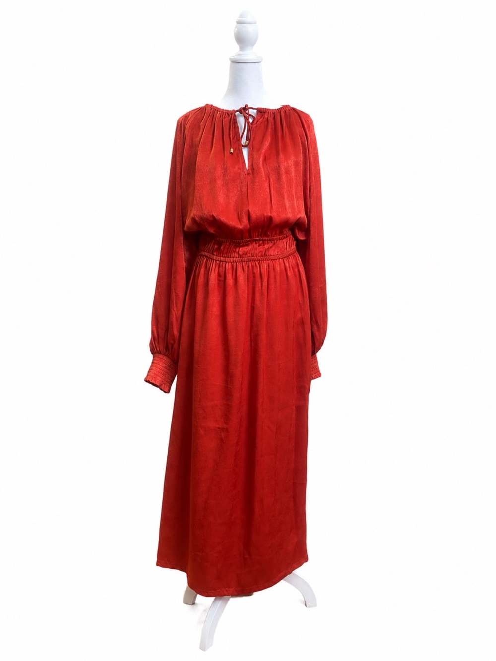River Island Plus Red Satin Jacquard Maxi Dress Size 20 Smocked Waist